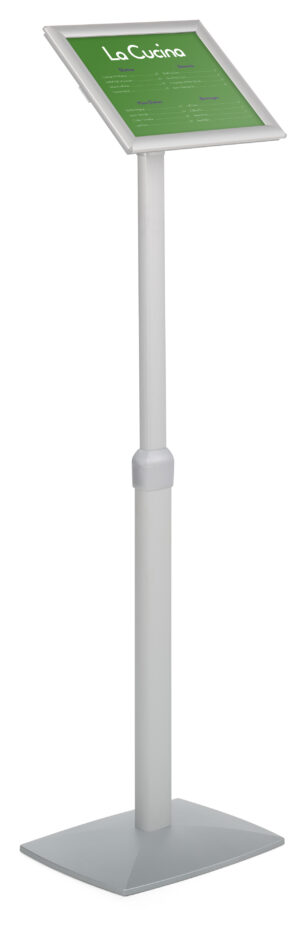 Floor Standing Sign Holder with Rotating Snap Frame and Angled Display - Silver