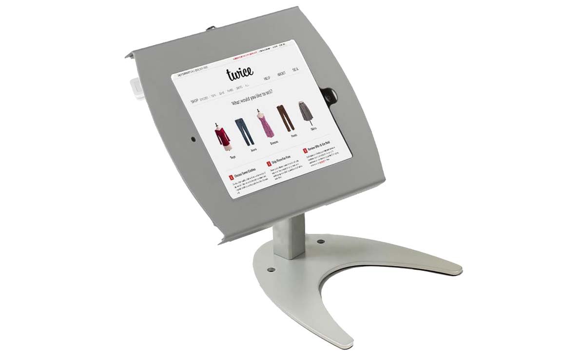 iPad Counter Stand, Locking Enclosure w/Exposed Home, CC Reader Compatible, Silver