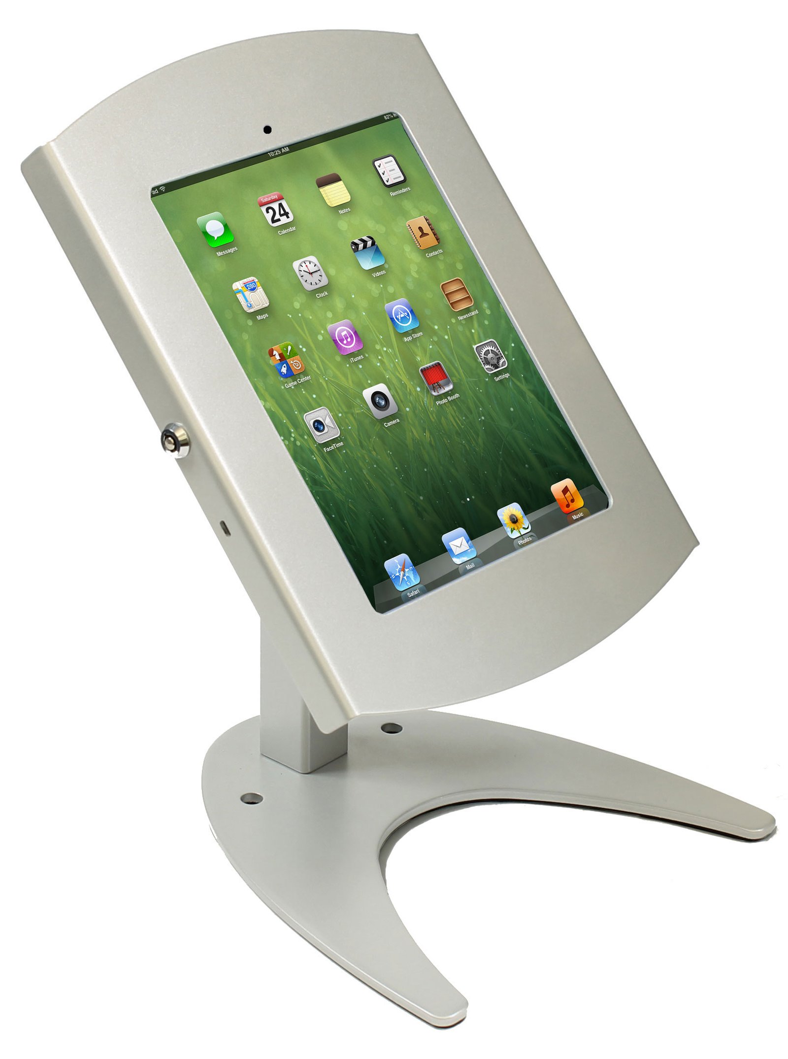iPad Counter Stand, Locking Enclosure w/Hidden Home, CC Reader Compatible, Silver