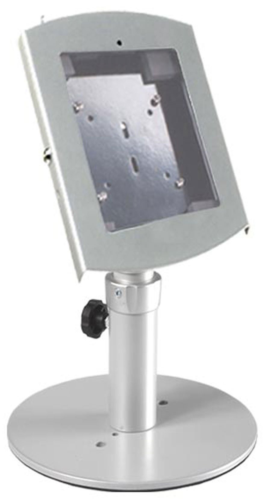 iPad Desktop Stand, Locking Enclosure w/Exposed Home, CC Reader Compatible, Silver