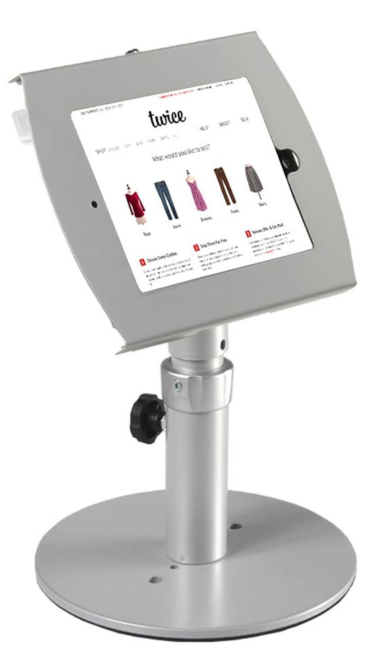 iPad Desktop Stand, Locking Enclosure w/Exposed Home, CC Reader Compatible, Silver