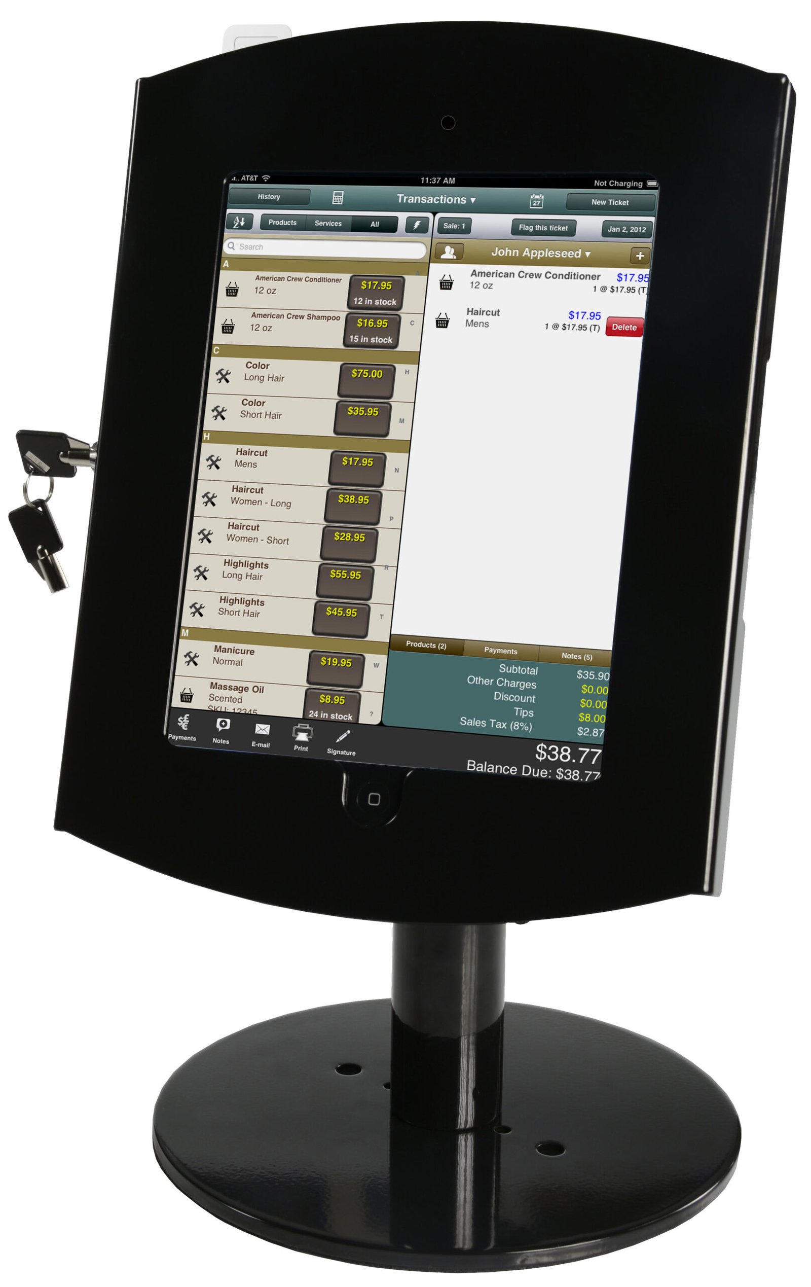iPad Desktop Stand, Locking Enclosure w/ Exposed Home, CC Reader Compatible, Black