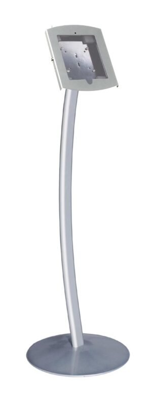 iPad Floor Stand, Locking Enclosure w/ Exposed Home, CC Reader Compatible– Silver