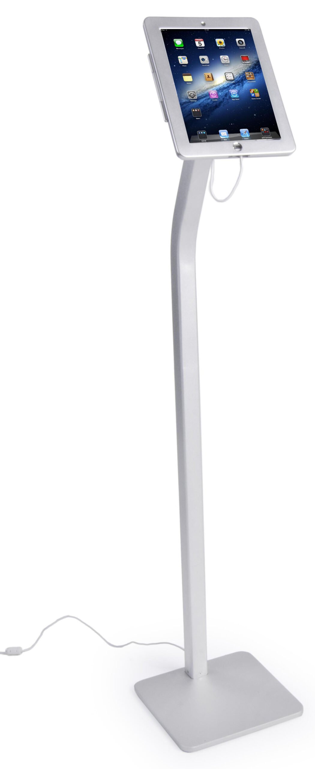 iPad Floor Stand, Locking Enclosure w/ Exposed Home, Integrated Charging
