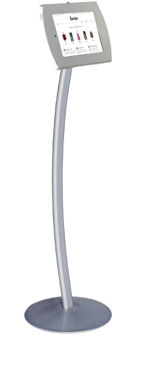 iPad Floor Stand, Locking Enclosure w/ Hidden Home, CC Reader Compatible – Silver