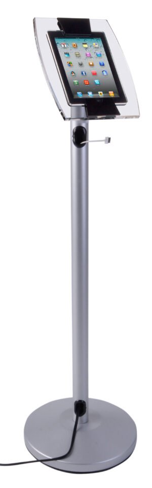 iPad Floor Stand w/ Acrylic Enclosure, Tilting Bracket u0026 Cord Management