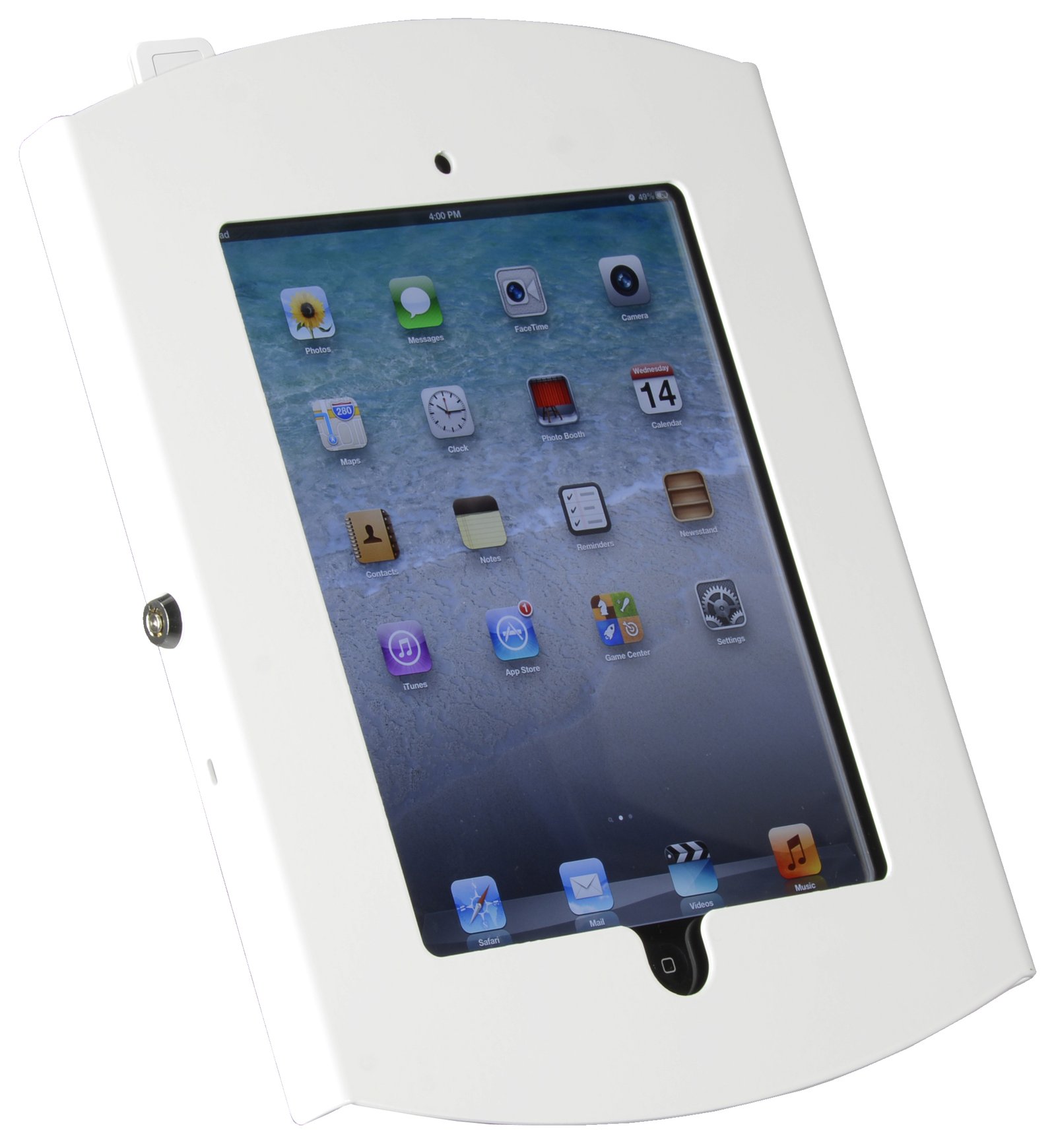 iPad Wall Mount, Locking Enclosure w/ Exposed Home, CC Reader Compatible - White