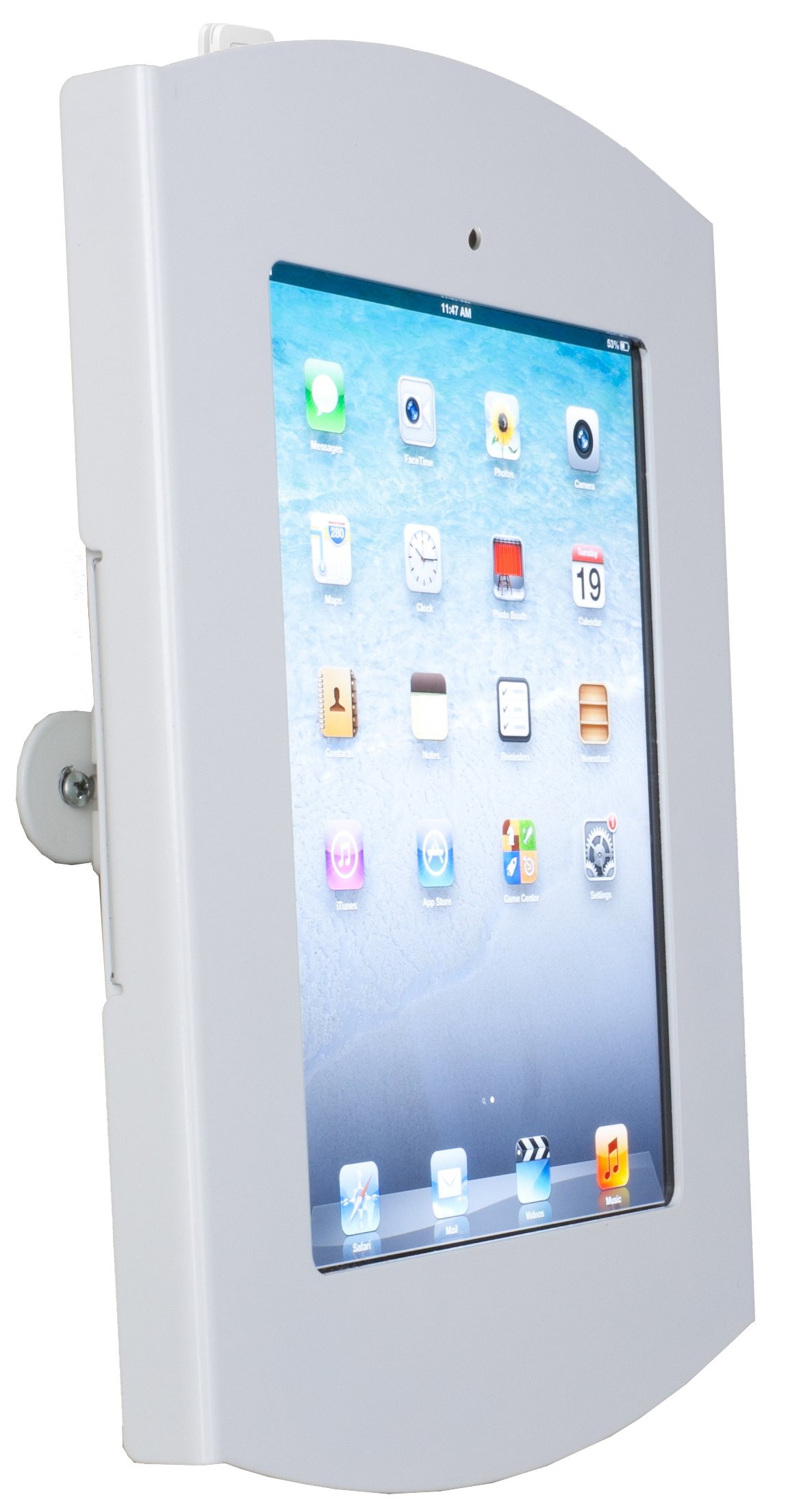 iPad Wall Mount, Locking Enclosure w/ Exposed Home, CC Reader Compatible - White