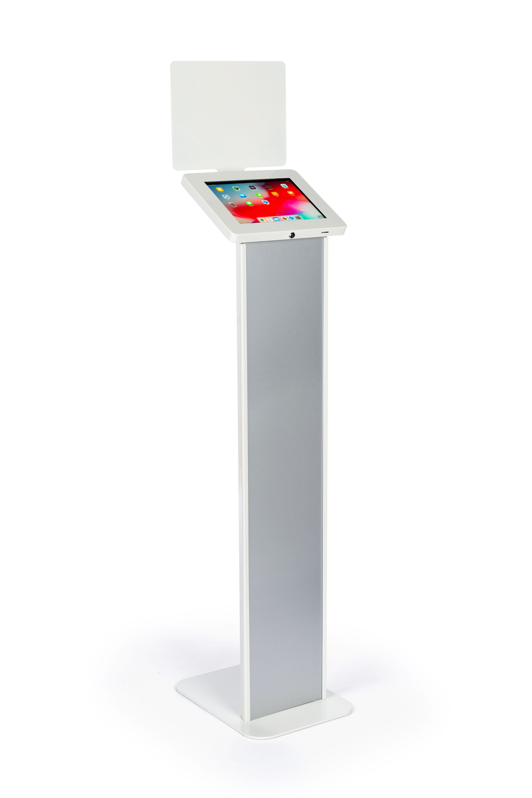 Tablet Floor Stand with Locking Enclosure and Sign Holder
