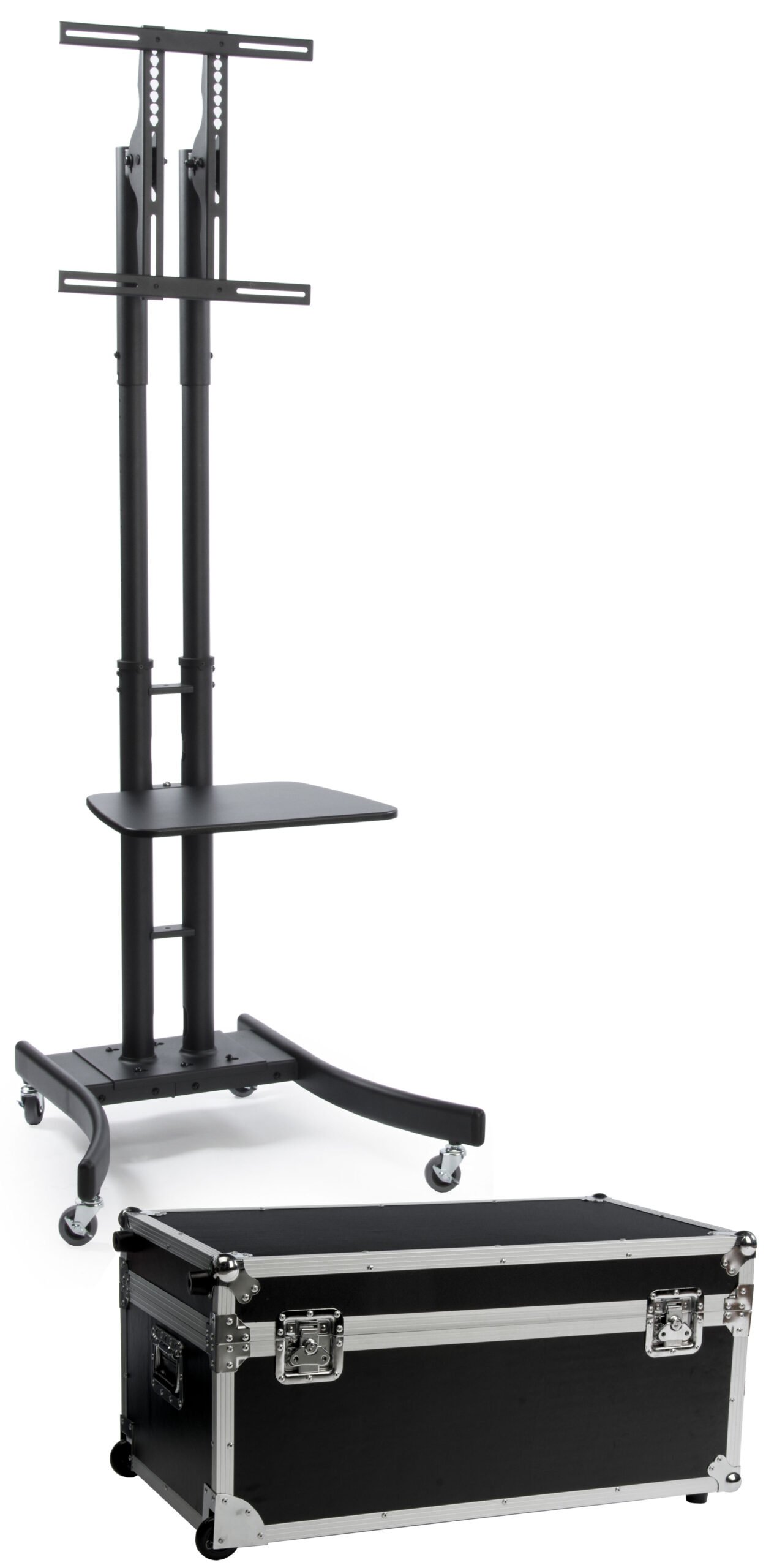 TV Stand w/ Shelf Fits Monitors 32”to 65”, Knockdown w/ Travel Case – Black