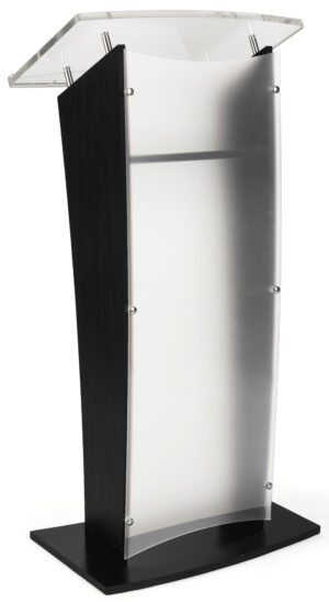 Wood Podium with Frosted Acrylic Front Panel, 48.75” Tall - Black