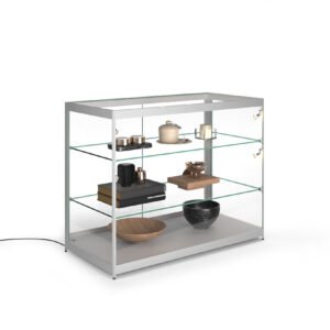 48” Retail Display Counter w/ 4 LED Lights, Sliding Doors, Ships Assembled - Silver