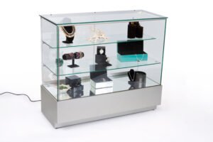 4ft. Glass Retail Counter w/ Mirror Deck, LED, Slider Doors, Ships Assembled, Black