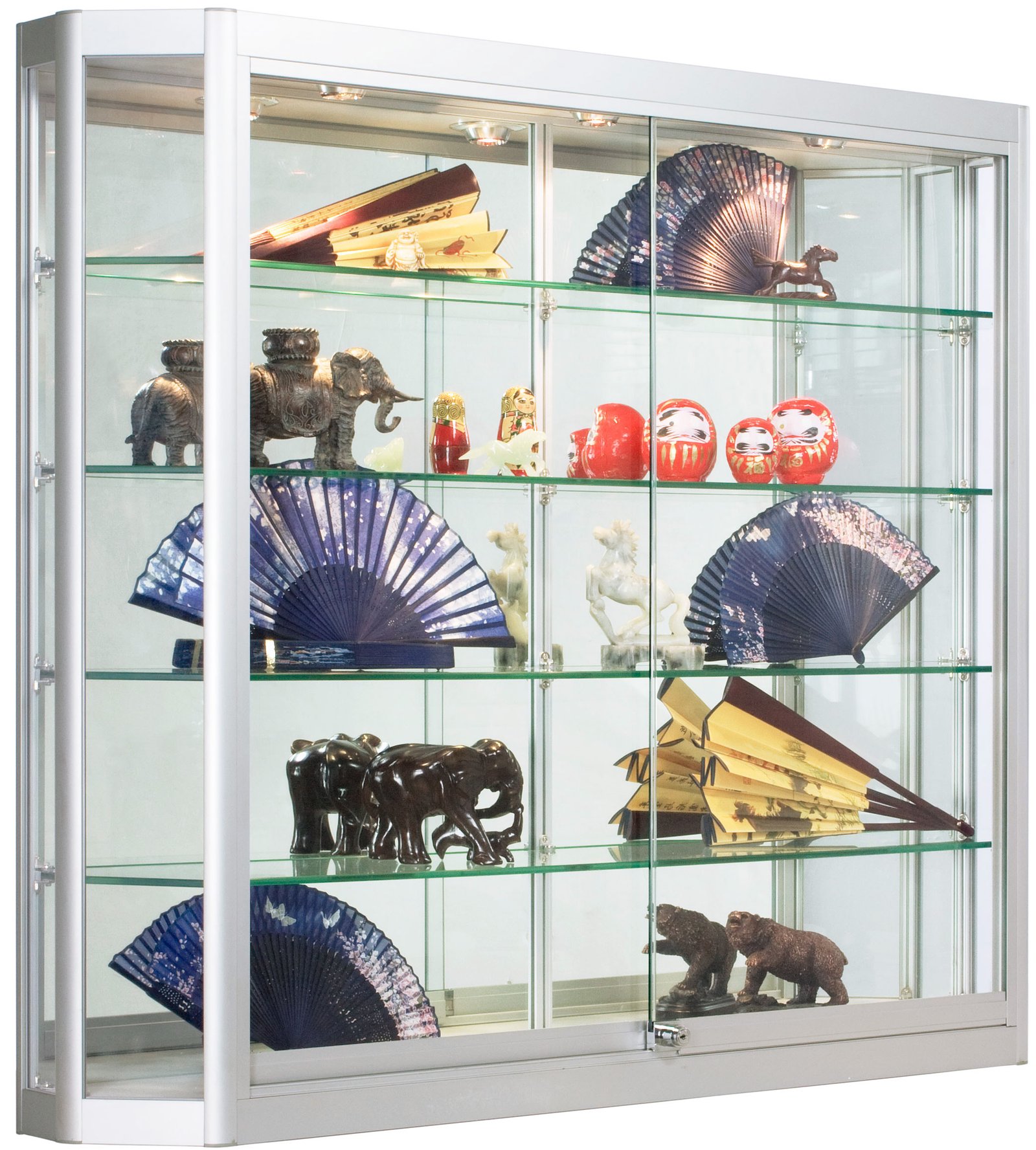 4x3 LED Wall Mounted Display Case w/Angled Front, Sliding Doors, Locking - Black
