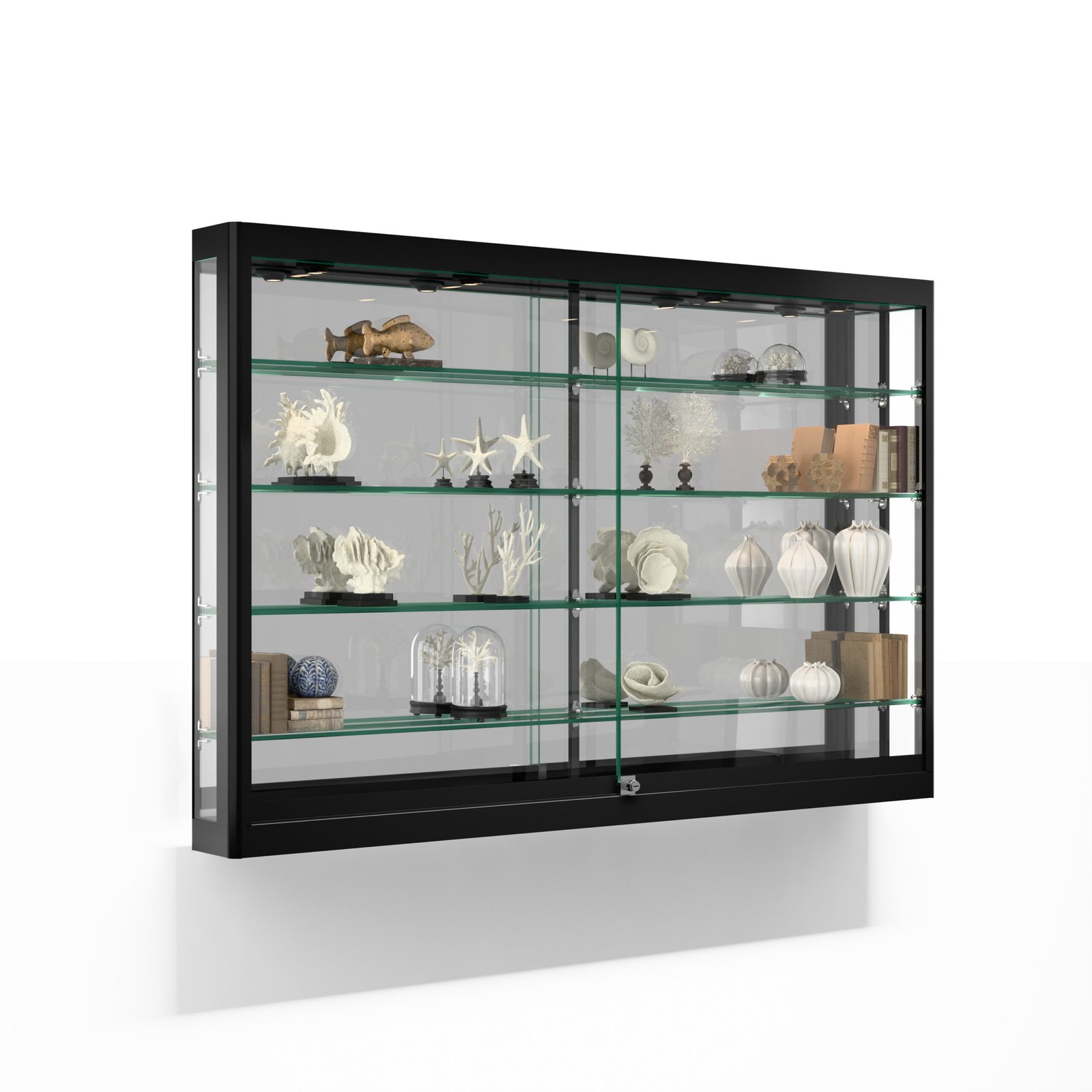5ft. Wall Mounted Display Case w/4 Top LED Lights u0026 Mirror Back, Locking - Black