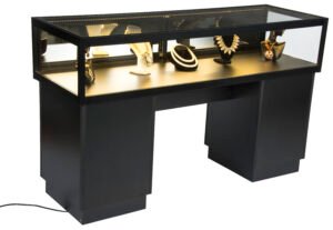 60” Jewelry Display Case w/ Sliding Mirror Door, Sit Down Design, LED - Black