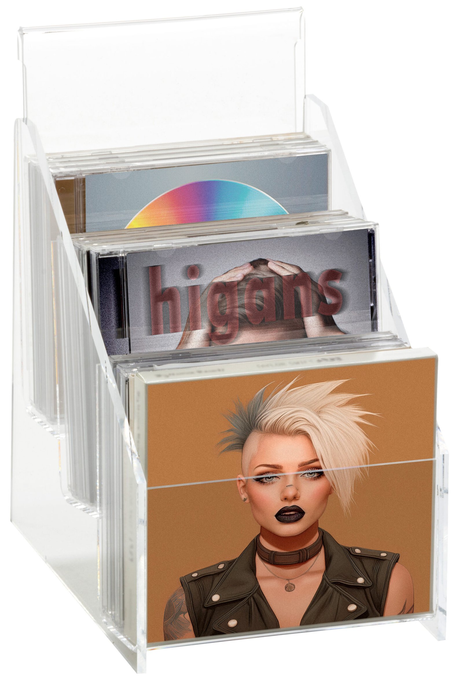 Acrylic Display Rack w/ Header, 2 Tiers, Holds 10 CDs - Clear