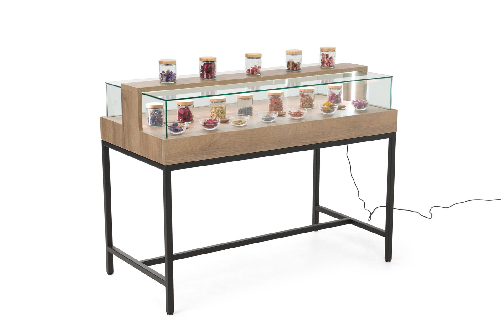 Dispensary Display Case with LED lighting, Tempered glass, Steel Base-Light Brown