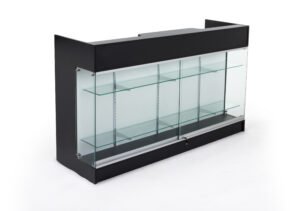 Retail Store Counter w/ Tempered Glass, Adjustable Shelves, Rear Storage