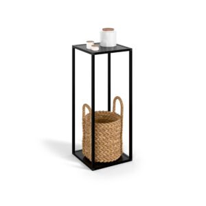 Slim Tall Side Table with Open Frame and Two Shelves - Black