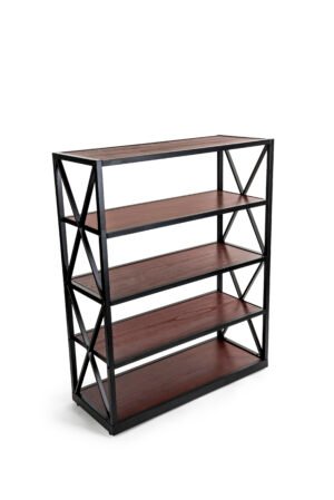 Steel Frame X-Sided Shelving Unit with 3 Solid Wood Tiers, Open Back - Dark Brown