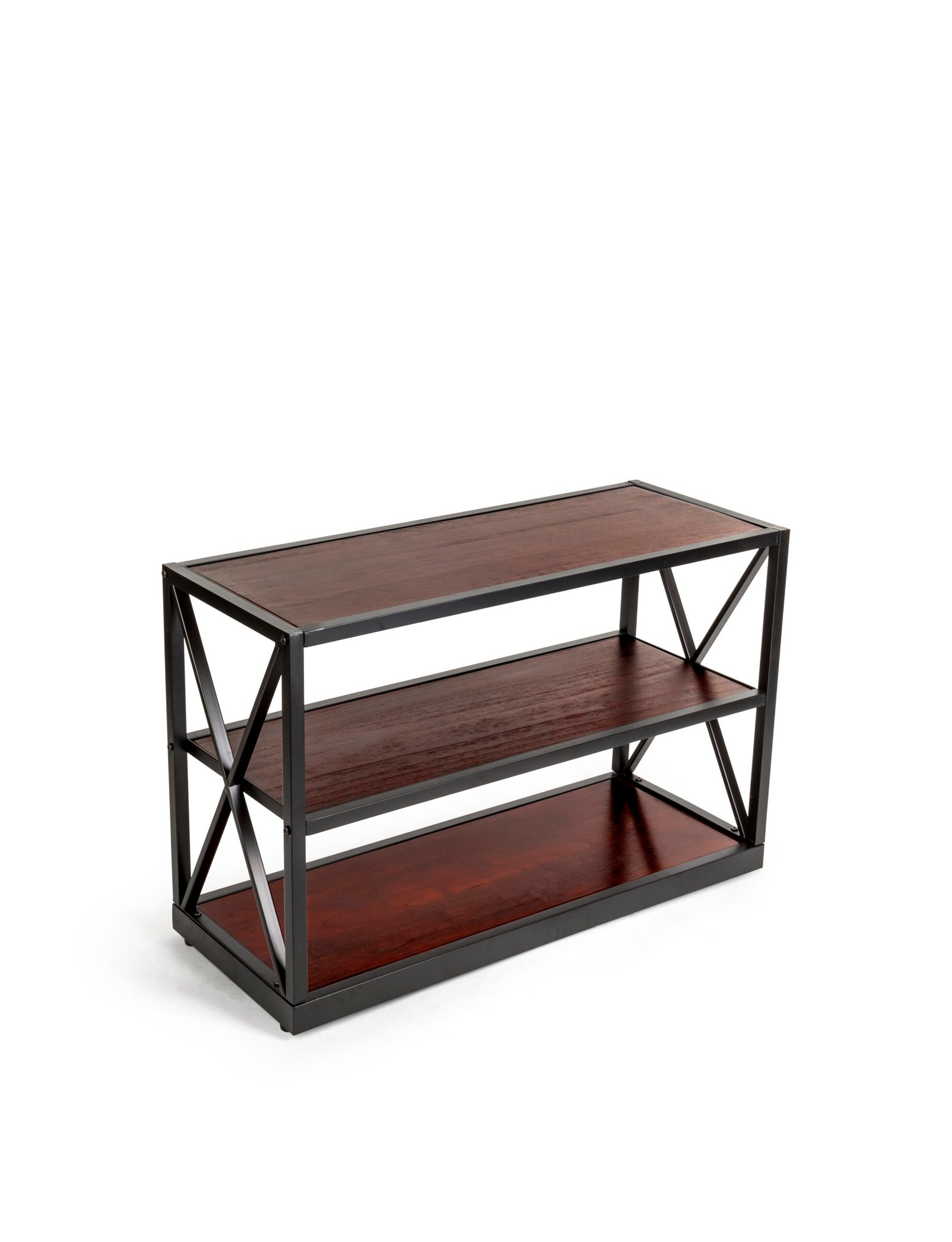 Steel Frame X-Sided Shelving Unit with 3 Solid Wood Tiers, Open Back - Dark Brown