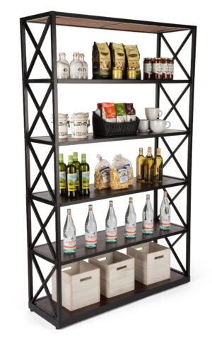 Steel Frame X-Sided Shelving Unit with 3 Solid Wood Tiers, Open Back - Dark Brown