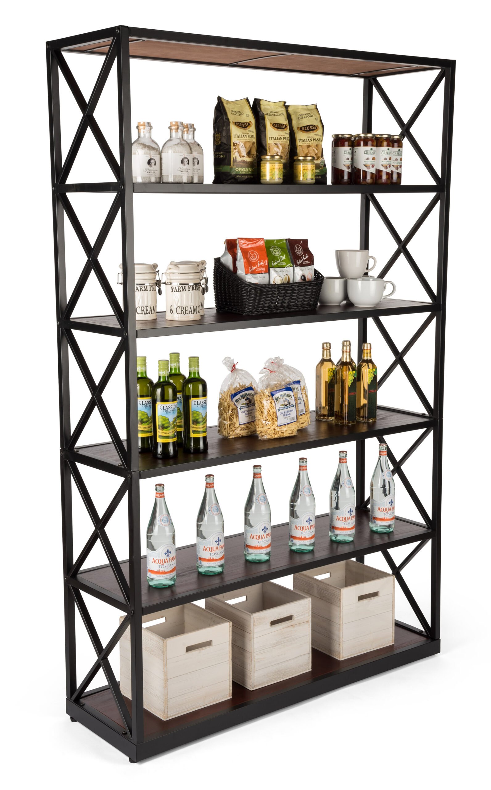 Steel Frame X-Sided Shelving Unit with 3 Solid Wood Tiers, Open Back - Dark Brown
