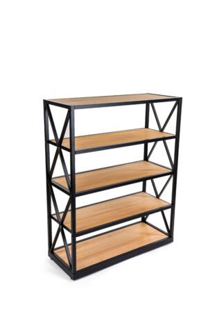 Steel Frame X-Sided Shelving Unit with 3 Solid Wood Tiers, Open Back - Natural