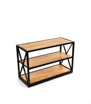 Steel Frame X-Sided Shelving Unit with 3 Solid Wood Tiers, Open Back - Natural
