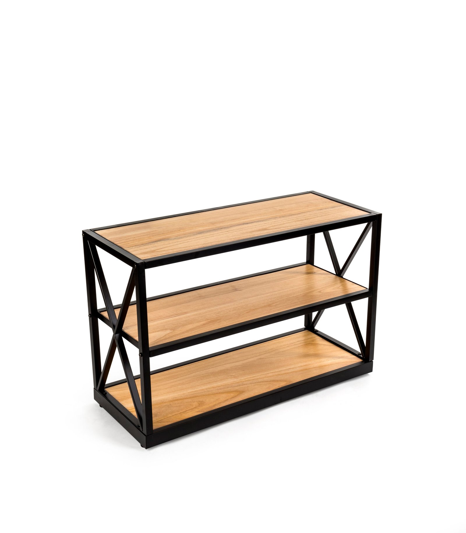 Steel Frame X-Sided Shelving Unit with 3 Solid Wood Tiers, Open Back - Natural
