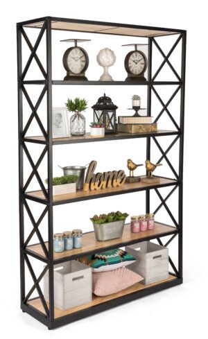 Steel Frame X-Sided Shelving Unit with 3 Solid Wood Tiers, Open Back - Natural