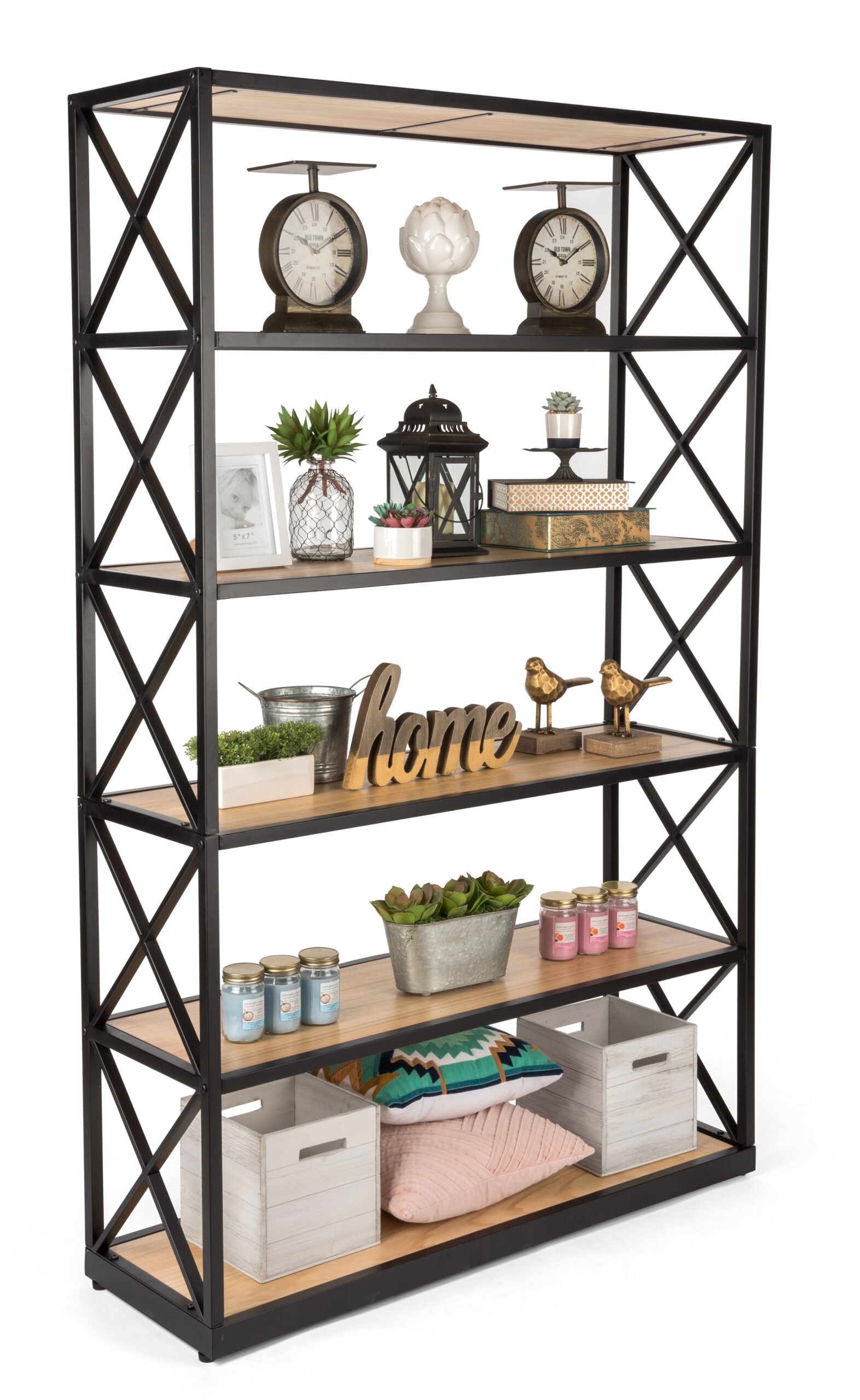 Steel Frame X-Sided Shelving Unit with 3 Solid Wood Tiers, Open Back - Natural