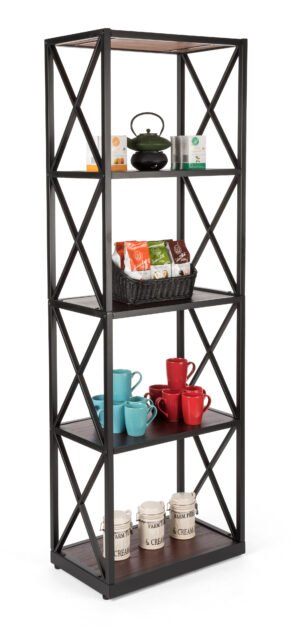 Tall Steel Frame X-Sided Shelving Unit with 5 Solid Wood Tiers - Dark Brown