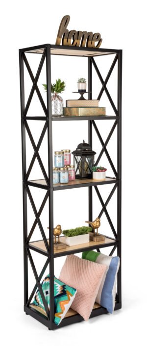 Tall Steel Frame X-Sided Shelving Unit with 5 Solid Wood Tiers - Dark Brown