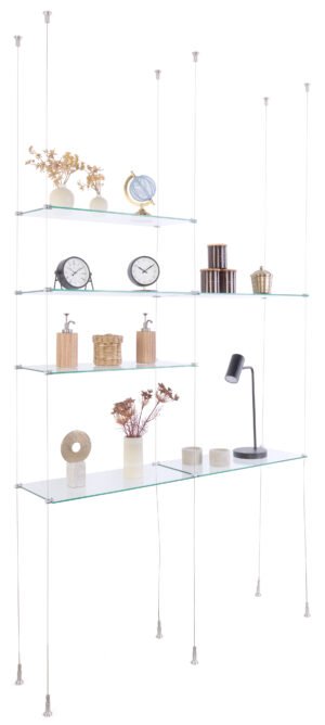 Tempered Glass Shelving with Suspended Cable System, Stainless Mounts - 2 Shelf Sizes