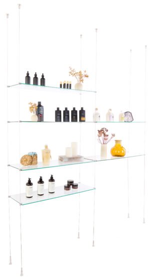 Tempered Glass Shelving with Suspended Cable System, Stainless Mounts - 2 Shelf Sizes