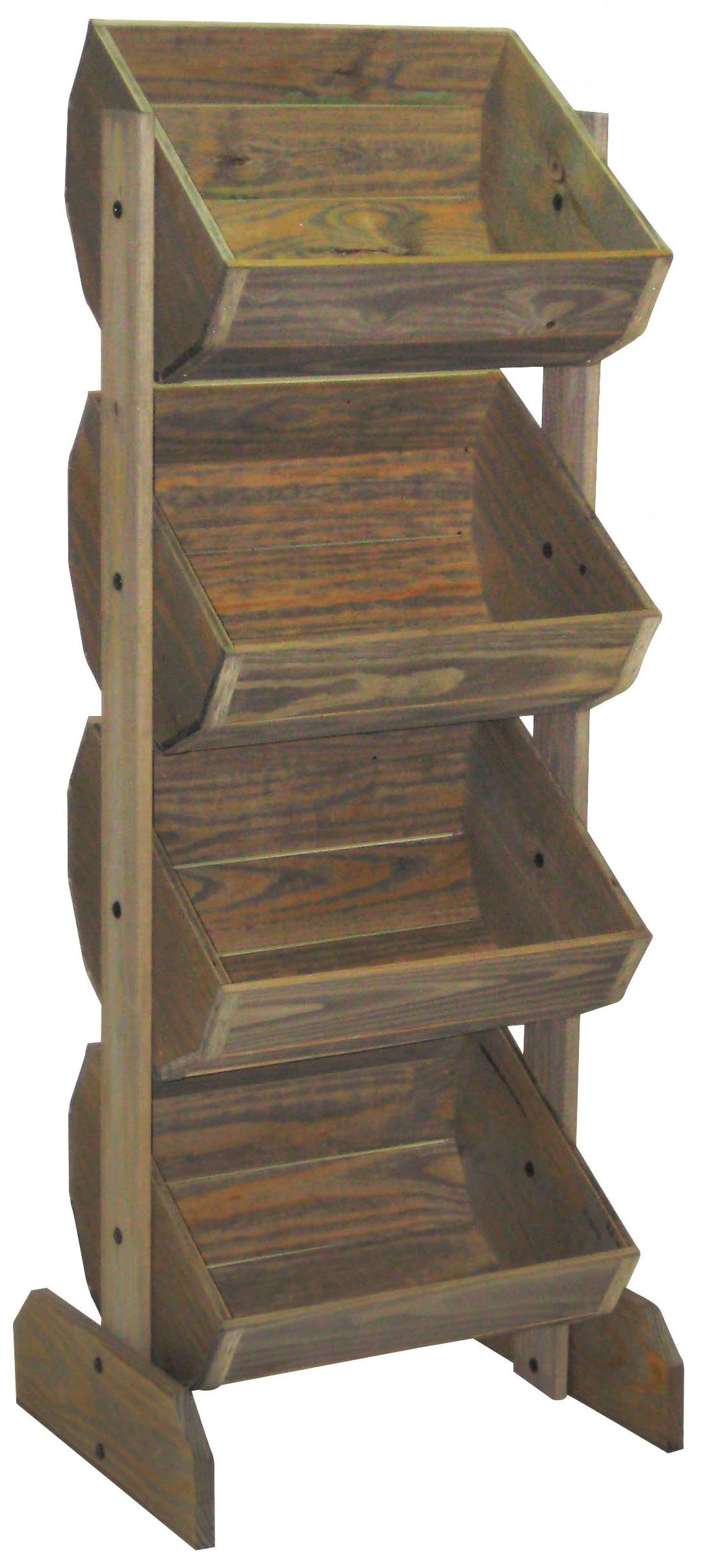 Tiered Wooden Display, Floor Standing, Pine Frame, 4 Bins – Weatherwood