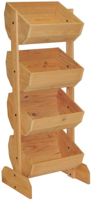 Tiered Wooden Display, Floor Standing, Pine Frame, 4 Bins – Weatherwood