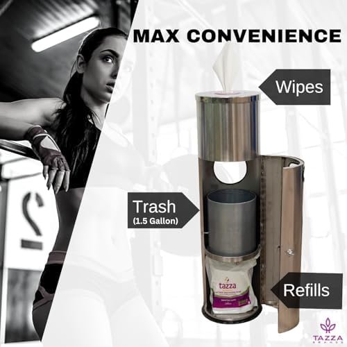 Tazza Stainless Steel Gym Wipe Dispenser with Trash Bin and 4 x 1200 Count Fitness Equipment Wipes, 4800 Total Wipes, Commercial Floor Standing Wipe Station for Gyms & Fitness Centers - Image 3