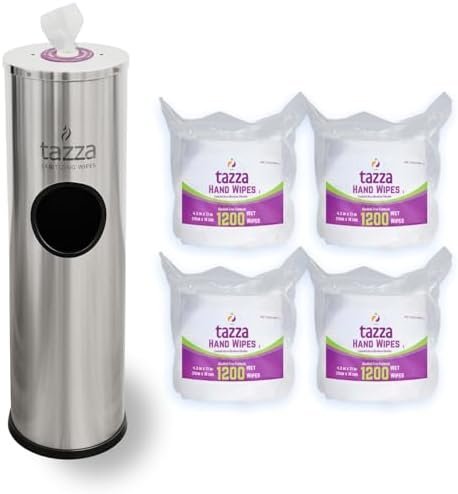 Tazza Stainless Steel Gym Wipe Dispenser with Trash Bin and 4 x 1200 Count Fitness Equipment Wipes, 4800 Total Wipes, Commercial Floor Standing Wipe Station for Gyms & Fitness Centers