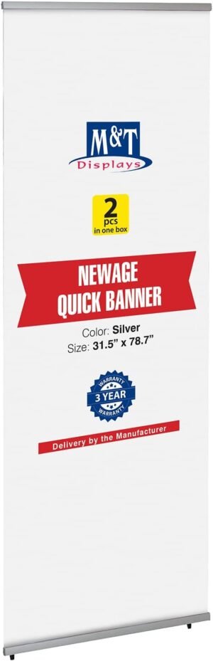M&T Displays 31.50x78.74 inch L Shaped New Age Quick Banner Holder Stand for Convention Conference Trade Show Display Office Floor Standing Silver Anodized Aluminum Portrait Indoor (2 pack)