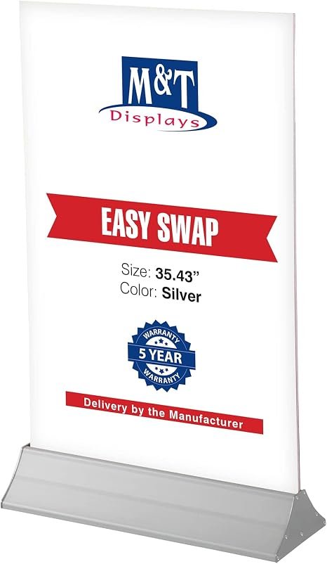 M&T Displays Adjustable Floor Easy Swap 35.40 inch Poster Width Aluminum Silver Base Double Sided Advertisement Document Brochure Sign Holder Portrait Indoor