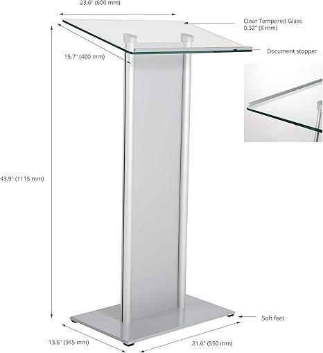 M&T Displays Tempered Clear Glass Conference Podium Stand with Aluminum Front Panel Silver Aluminum Body and Base 43.9 Inch Height Floor Standing Lectern Pulpit Desk for Classroom Church - Image 2