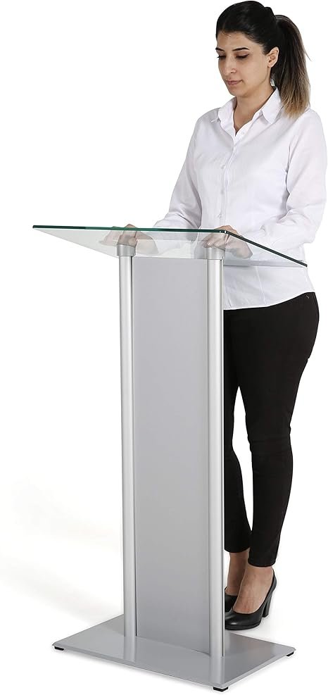 M&T Displays Tempered Clear Glass Conference Podium Stand with Aluminum Front Panel Silver Aluminum Body and Base 43.9 Inch Height Floor Standing Lectern Pulpit Desk for Classroom Church - Image 3