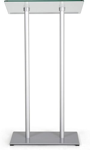 M&T Displays Tempered Clear Glass Conference Podium Stand Silver Aluminum Body and Base 43.9 Inch Height Floor Standing Lectern Pulpit Desk for Classroom Church