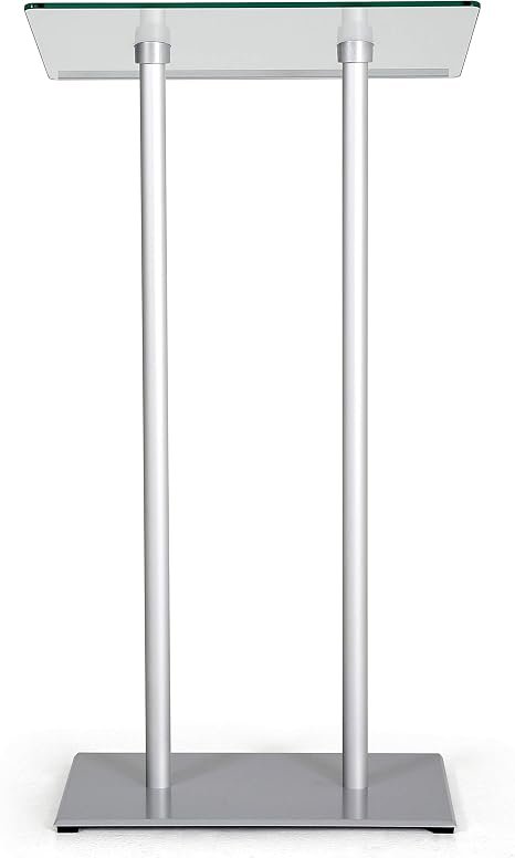 M&T Displays Tempered Clear Glass Conference Podium Stand Silver Aluminum Body and Base 43.9 Inch Height Floor Standing Lectern Pulpit Desk for Classroom Church