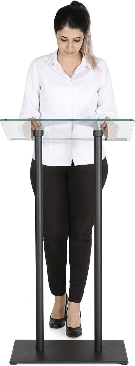 M&T Displays Tempered Clear Glass Conference Podium Stand Black Aluminum Body and Base 43.9 Inch Height Floor Standing Lectern Pulpit Desk for Classroom Church - Image 4