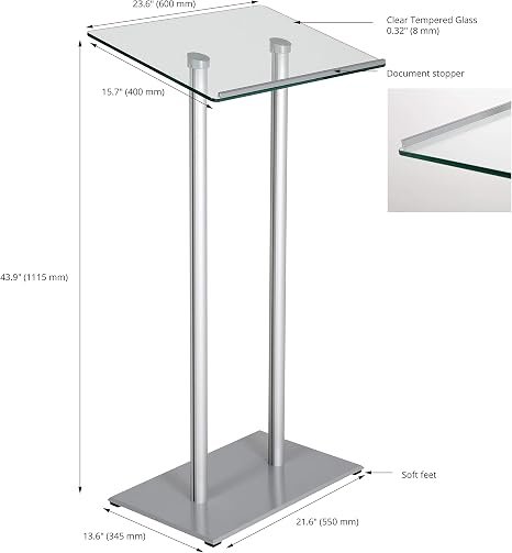 M&T Displays Tempered Clear Glass Conference Podium Stand Silver Aluminum Body and Base 43.9 Inch Height Floor Standing Lectern Pulpit Desk for Classroom Church - Image 2