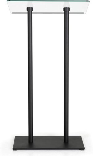 M&T Displays Tempered Clear Glass Conference Podium Stand Black Aluminum Body and Base 43.9 Inch Height Floor Standing Lectern Pulpit Desk for Classroom Church